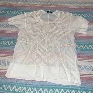 IRO white short-sleeved blouse with sheer crochet front